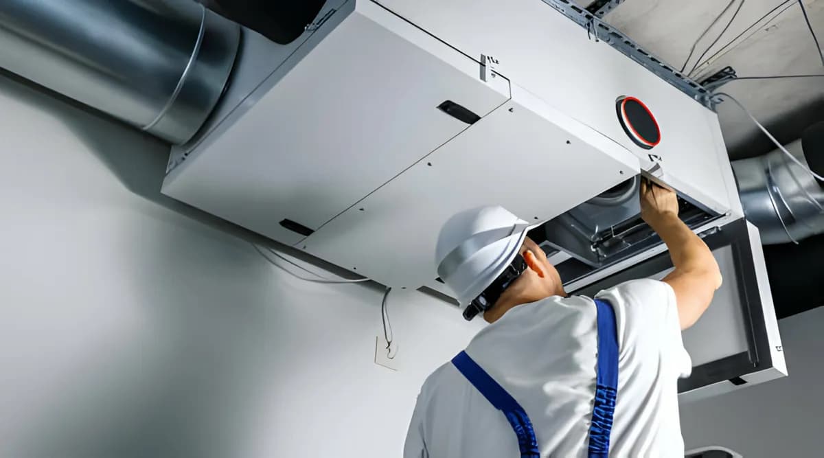 HVAC technician servicing a ceiling air-handler unit